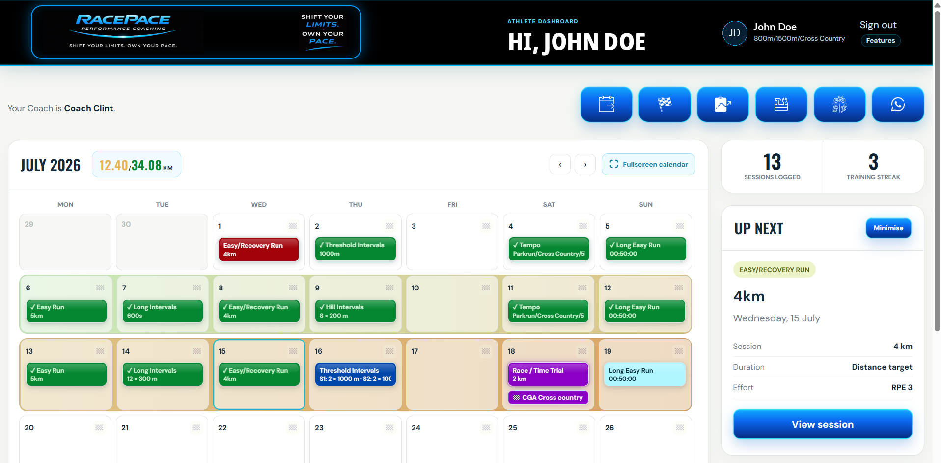 RacePace Athlete Portal track athlete calendar dashboard
