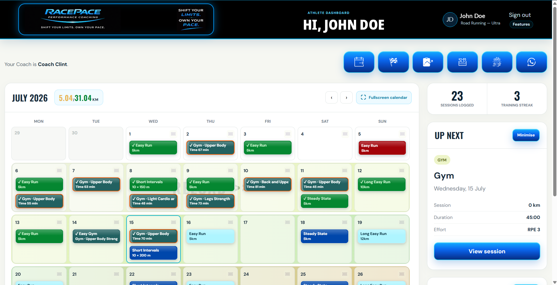 RacePace Athlete Portal desktop training calendar dashboard