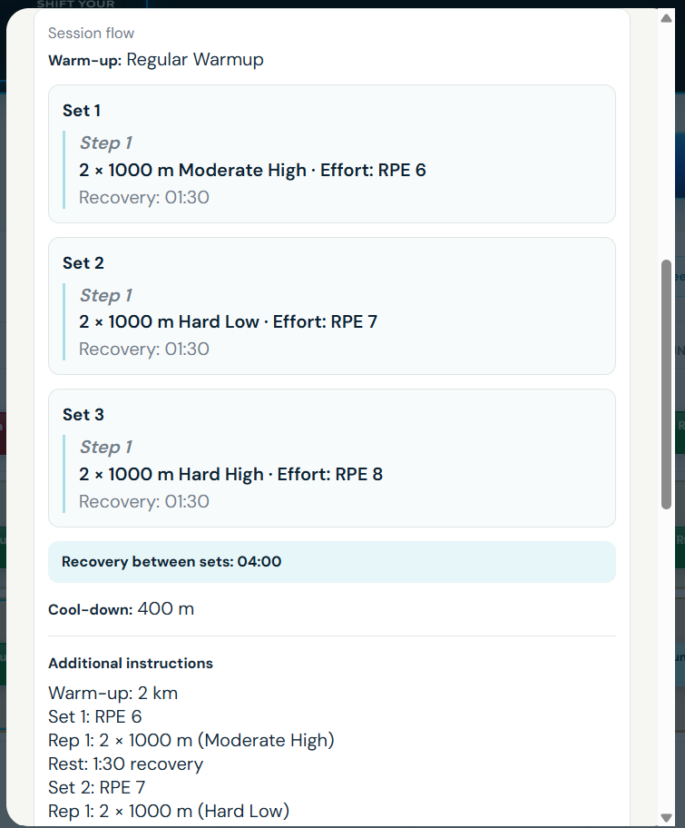 RacePace Athlete Portal detailed interval session flow