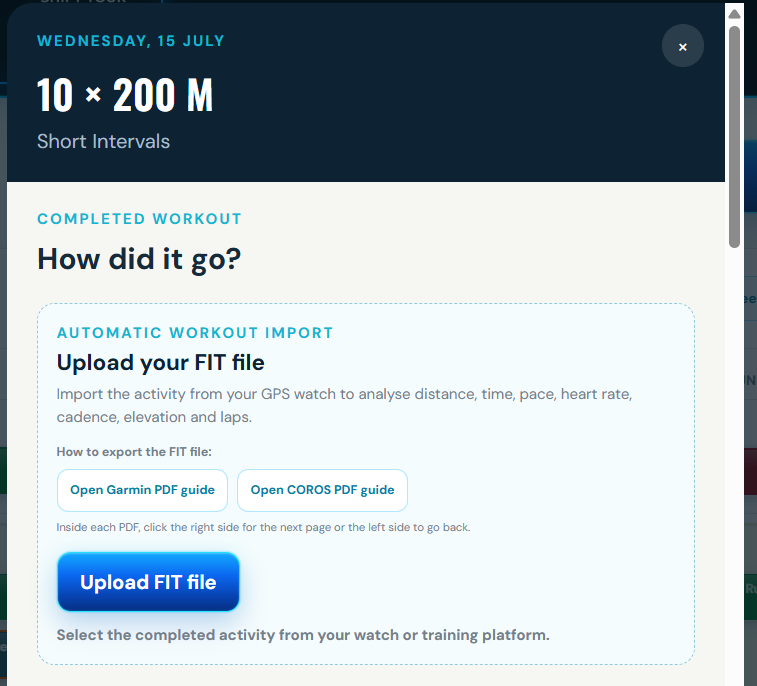 RacePace Athlete Portal completed workout upload screen