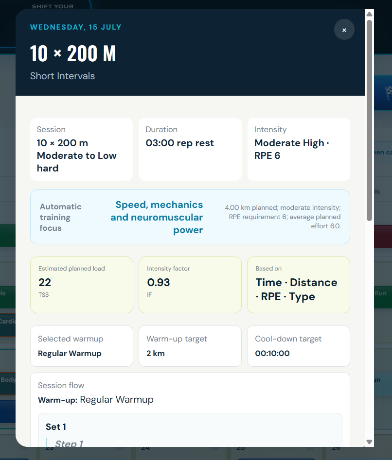 RacePace Athlete Portal workout overview