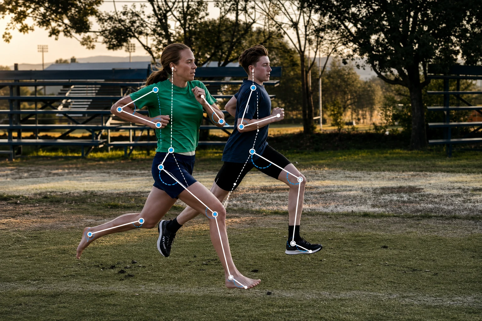 Two runners with biomechanical form and posture assessment lines aligned to body, arm and leg positions