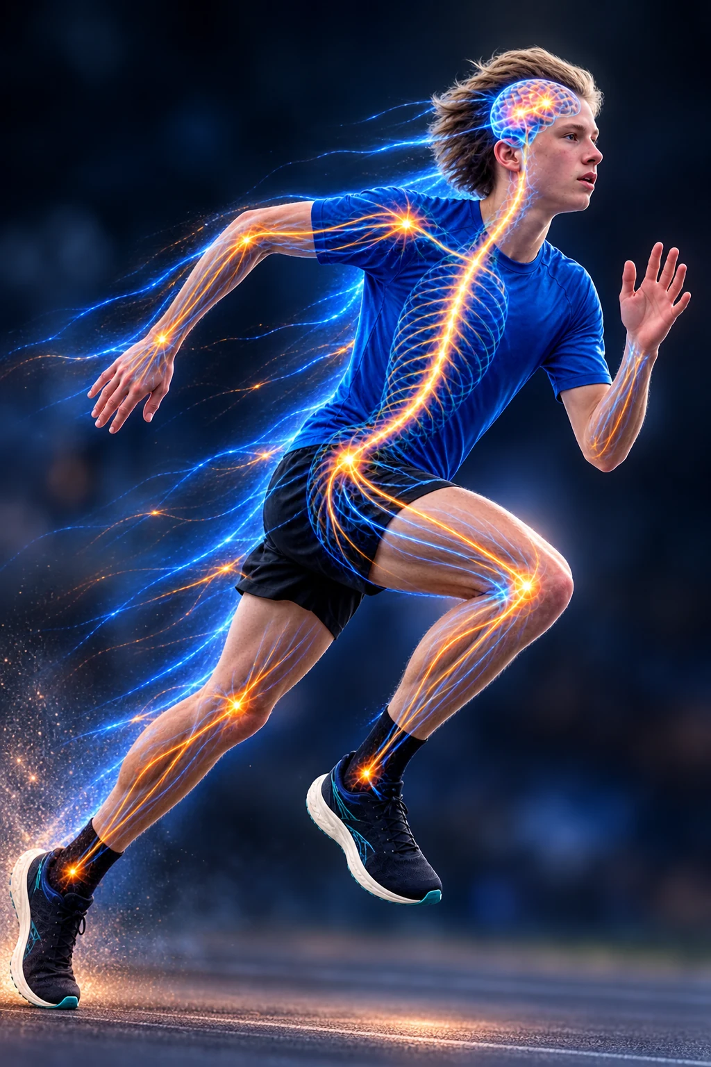 Runner with glowing brain and nervous system illustrating mental tenacity, focus and mind-body performance