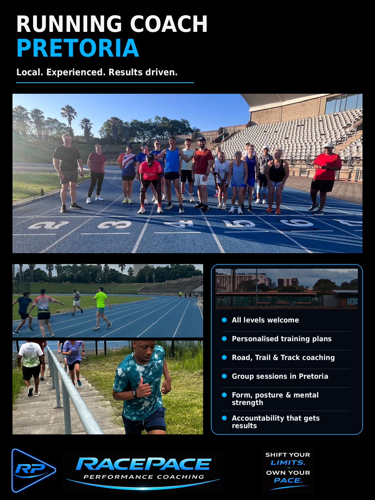RacePace Pretoria running coaching with track, group and hill training sessions